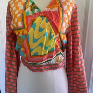 FARM Rio Multicolor Abstract Wrap Crop Top with Bell Sleeves size Large